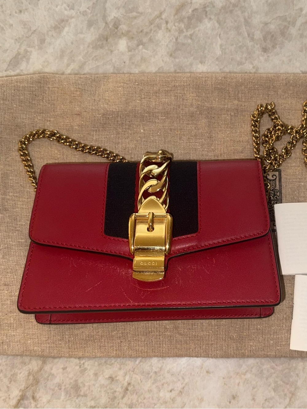 Gucci Red Leather Mini Sylvie Crossbody/Shoulder Bag with Gold Hardware - Picture 1 of 9
